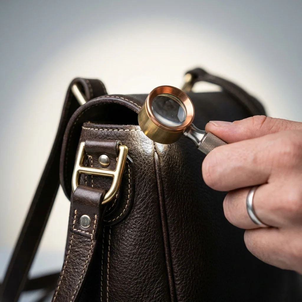Authenticator inspecting an item's detail with a jeweler's loupe