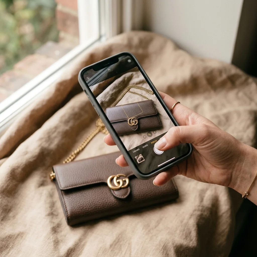 Hand photographing a luxury wallet with a smartphone for a free appraisal