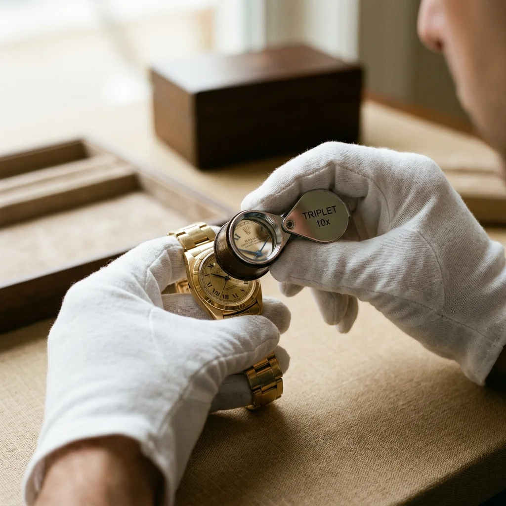 Appraiser inspecting a gold watch with a jeweler's loupe