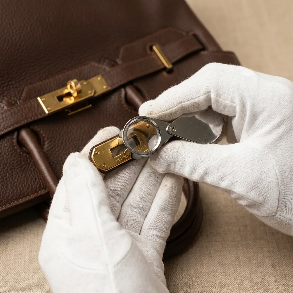 Appraiser certifying the authenticity of a luxury handbag