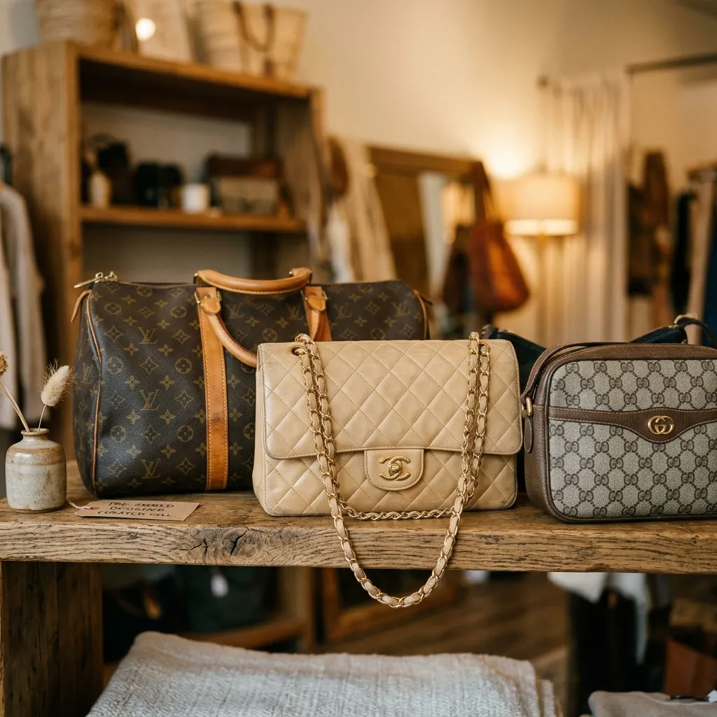 Curated shelf of pre-owned designer handbags and watches