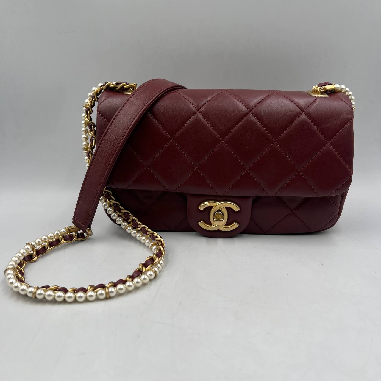 CHANEL LAMBSKIN PEARL CHAIN SHOULDER