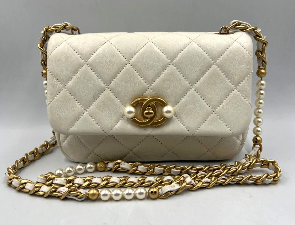 CHANEL BAG CALF MATELASSE MINI PEARL CHAIN SHOULDER