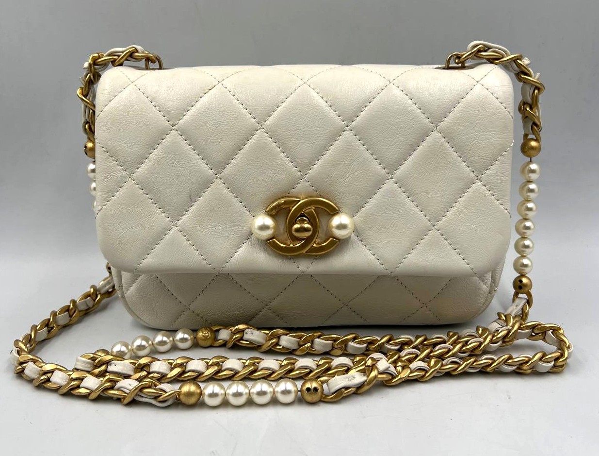 CHANEL BAG CALF MATELASSE MINI PEARL CHAIN SHOULDER