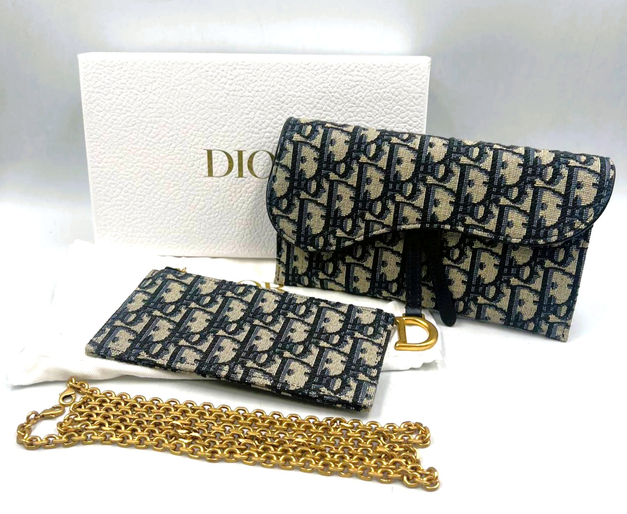 DIOR BAG SADDLE SADDLE OBLIQUE LONG WALLET ON CHAIN W/POUCH 47-MA-0212